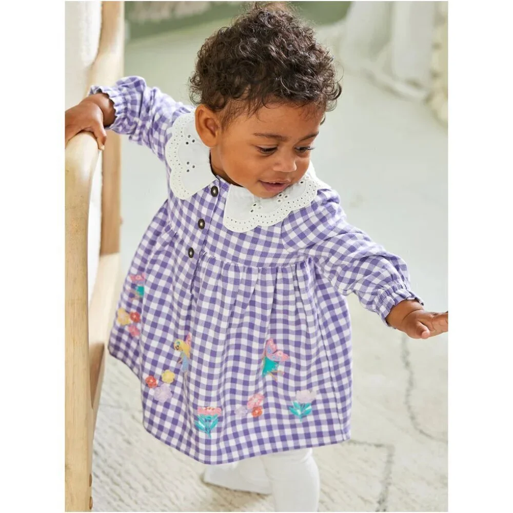 JoJo Maman Bebe Lilac Purple Fairy Applique Gingham Baby Dress & Tights Set